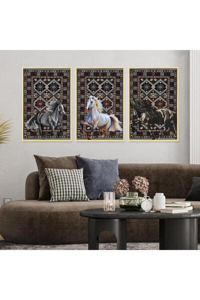 4gdran ثلاث لوحات قماشية بتصميم حصان مع برواز ذهبي مجوف