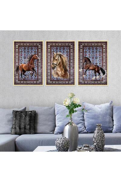 SND ثلاث لوحات قماشية بتصميم حصان مع برواز ذهبي مجوف