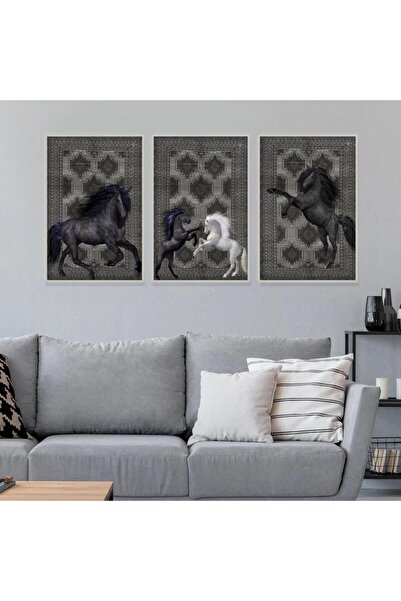 SND ثلاث لوحات قماشية بتصميم حصان مع برواز فضي مجوف