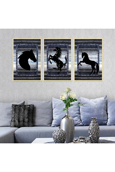 4gdran Three canvas paintings of a horse design with a hollow gold frame