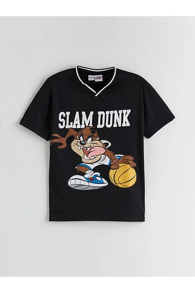 LC Waikiki Lcw Kids Black V-Neck Tasmanian Devil Printed T-Shirt and Shorts for Boys