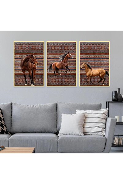 4gdran ثلاث لوحات قماشية بتصميم حصان مع برواز ذهبي مجوف