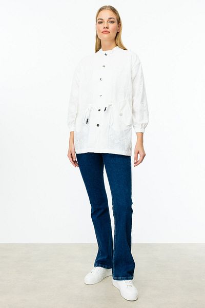 On Fashion On Waist Drawstring Embroidered Cotton Trench White-52902