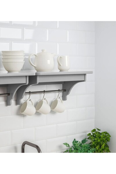 IKEA QUİCK Ahşap Mutfak Rafı 50x30x24 Cm İkea Duvara Monte Kancalı Raylı Mutfak Rafı Gri Renk Askılı Raf