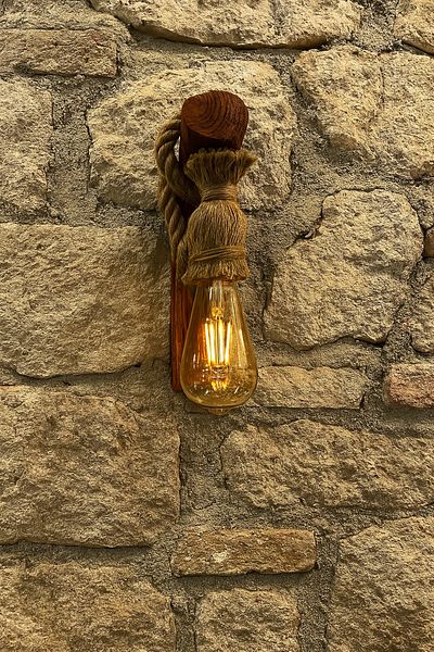 aybükpabuç Wooden Wall Lamp with Rope Detail – Retro Rustic Sconce Cafe Home Balcony Office Lighting.