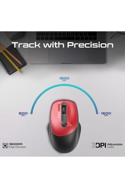 Promate Wireless Mouse, EZGrip Ergonomic Ambidextrous 2.4GHz Mice, Adjustable 1600DPI, Nano USB Rece