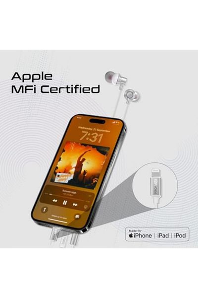 Promate سماعات أذن بموصل Lightning، سماعات أذن مريحة داخل الأذن معتمدة من Apple MFi مع ميكروفون