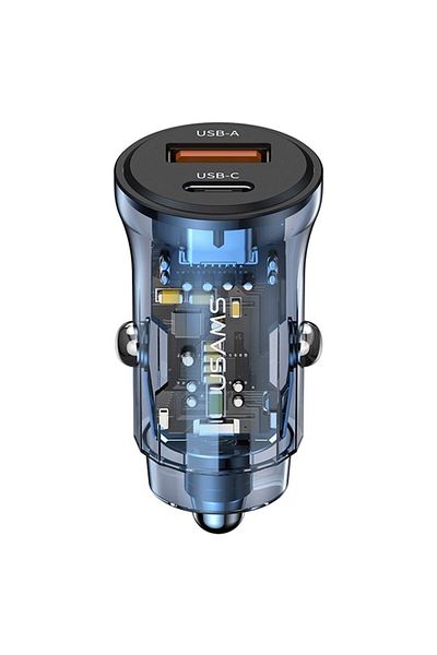 Usams Încărcător auto Tip-C PD30W, USB 18W - Usams C32 Transparent A+C (US-CC164) - Albastru