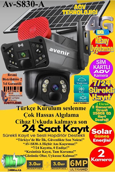 TRCharger Avenir AV-S830-A Türkçe Konuşan 7/24 Sürekli Kayıt Güneş Enerjili G...