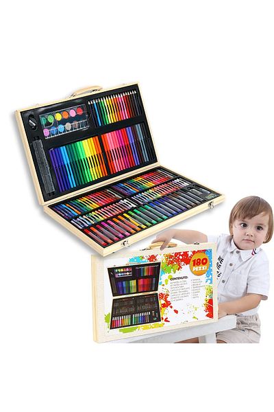 Toybox Kids Art Set in Wooden Carrying Case Including Paints, Crayons, Markers and More 180pcs