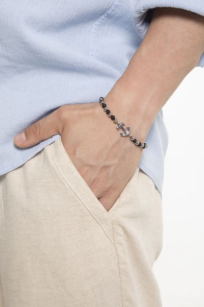 Fjellor Men's Black-White Natural Stone Bracelet – Silver Color Anchor Detail