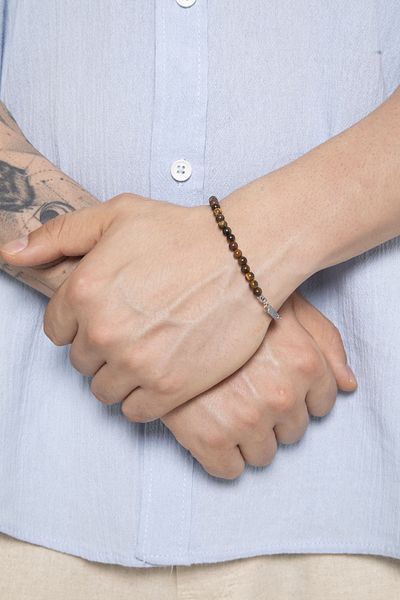 Fjellor Men's Natural Stone Bead Bracelet – Brown Tiger Eye Look