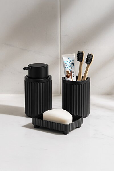 Sas Haus Siyah Banyo Seti, 3 Parça Oval Akrilik Sabunluk Fırçalık ve Sıvı Sab...