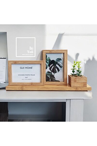 77 Bambu Görünümlü 2’li Ahşap Fotoğraf Çerçevesi, 10x15 cm, Sukulentli Masaüs...