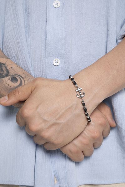 Fjellor Men's Black-White Natural Stone Bracelet – Silver Color Anchor Detail
