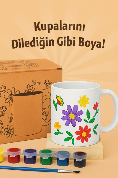 Sevimli Hediye Kupa Boyama Seti - Kendin Boya Seramik Kupa (6 Renk Boya+Fırça) |Çocuk ve Yetişkinler İçin Hobi Seti