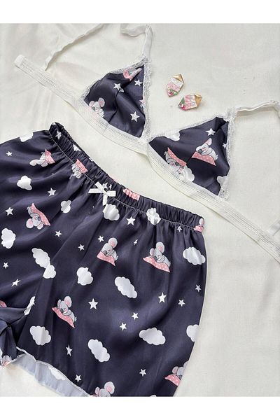 İNKO İÇ GİYİM Satin Patterned Bralet Shorts Set with Lace Detail