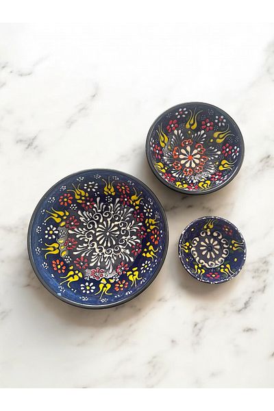 Artistic Quality Decorative 3 Pieces of Navy Blue Tulip Tile Designed Fully Handmade Snack Bowl-Sauce Bowl-Breakfast Bowl