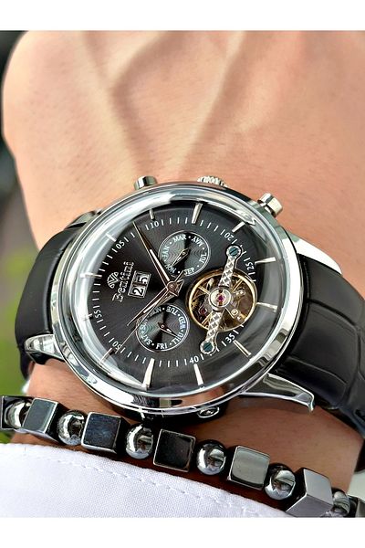 Bentini Men's Wristwatch – Automatic Mechanism, Calendar, Leather Band, Waterproof, 2-Year Warranty, Clip