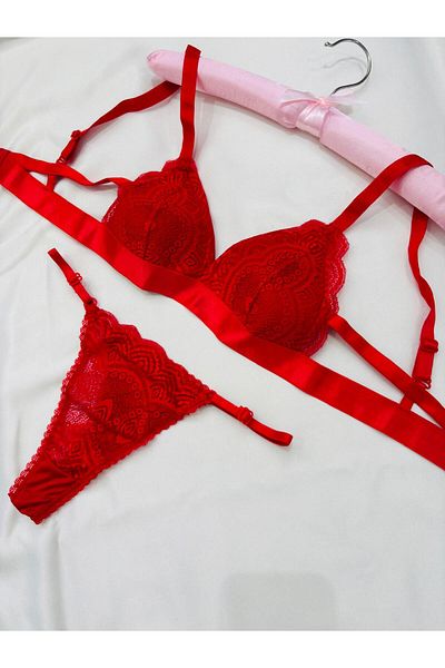 İNKO İÇ GİYİM Economical Lace Detailed Underwire-Free Padding-Free Bra Thong Set