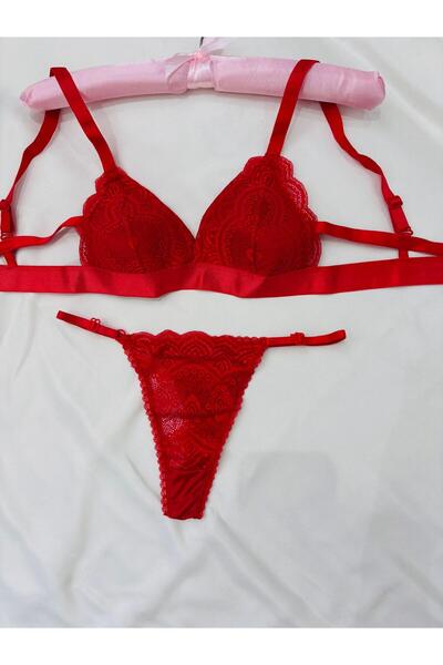 İNKO İÇ GİYİM Economical Lace Detailed Underwire-Free Padding-Free Bra Thong Set