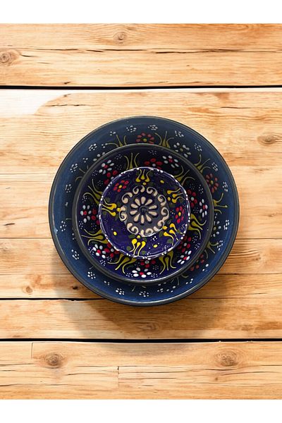 Artistic Quality Decorative 3 Pieces of Navy Blue Tulip Tile Designed Fully Handmade Snack Bowl-Sauce Bowl-Breakfast Bowl