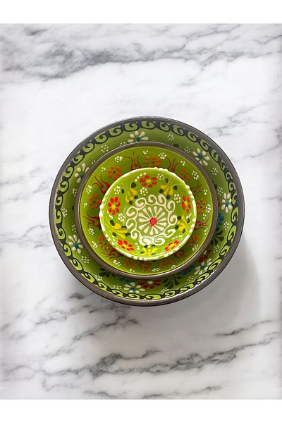 Artistic Quality Decorative 3 Pieces Green Tulip Tile Designed Fully Handmade Snack Bowl-Sauce Bowl-Breakfast Bowl