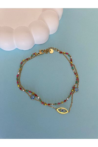 marsel aksesuar Double Evil Eye Colorful Gold Steel Anklet