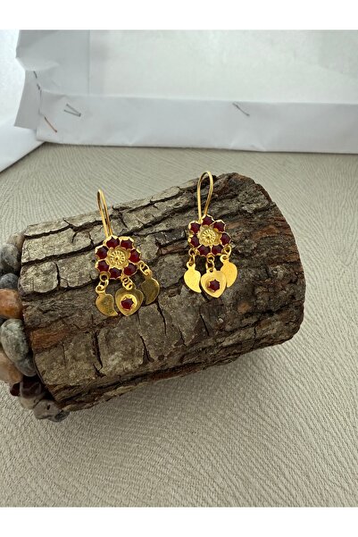 Midyat Artuklu Gümüşçülük Yakut Taşlı Gümüş Altın Kaplama Sallantılı Küpe