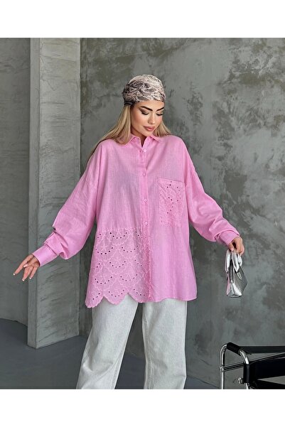 Butik Pembe dantel detaylı oversize gömlek