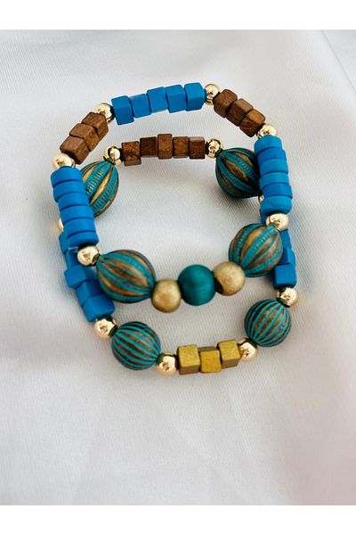 COCOSH TAKI Turquoise Wooden Beaded Multi-Combination Bracelet with Gold Details