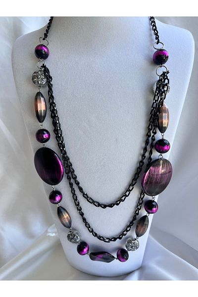 COCOSH TAKI Multi Long Necklace with Black Chain with Fuchsia Pink Stones