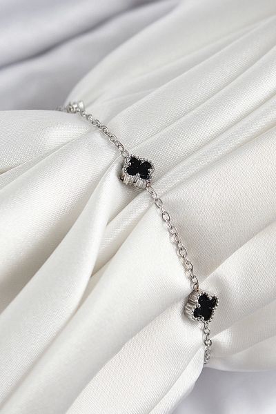 Clariss 316L Steel Black Clover Model Silver Color Women's Bracelet