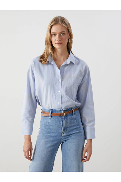 LC Waikiki Blue Striped Oversize Oxford Women's Shirt