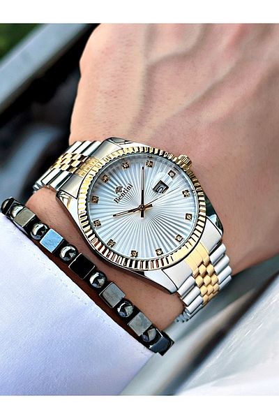 Bentini Men's Watch with Calendar and Stone – Steel Band, Waterproof, 2-Year Warranty, Gift Bracelet