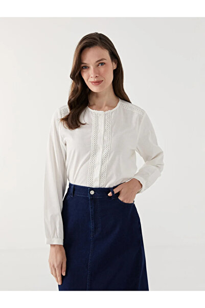 LC Waikiki Ecru bicycle collar lace detailed women's blouse