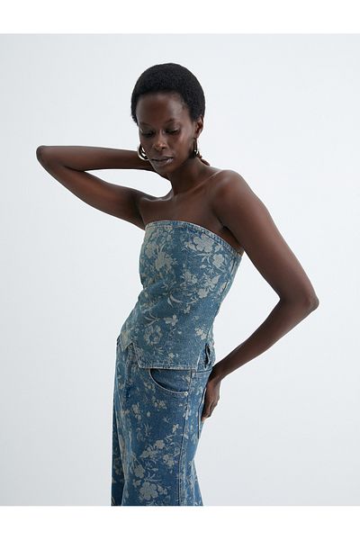 Koton New Season Floral Strapless Denim Top Asymmetrical Cut Zippered