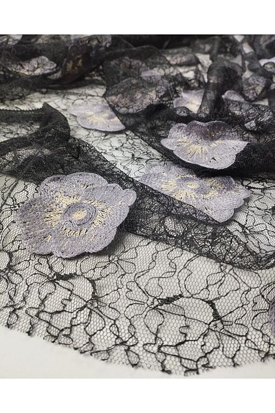 Kumaş Parça Lila Black Floral Embroidered Tulle (Width 140 cm X Length 300 cm)