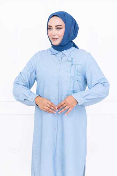 Weak Blue Жіноча велика салаш з вишивкою та деталями на ґудзиках, синя туніка