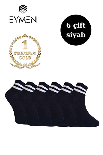 Eymen Socks 6'lı Ekonomik Kısa Rahat Fitilli Kolej Çemberli Tenis Çorabı Siya...