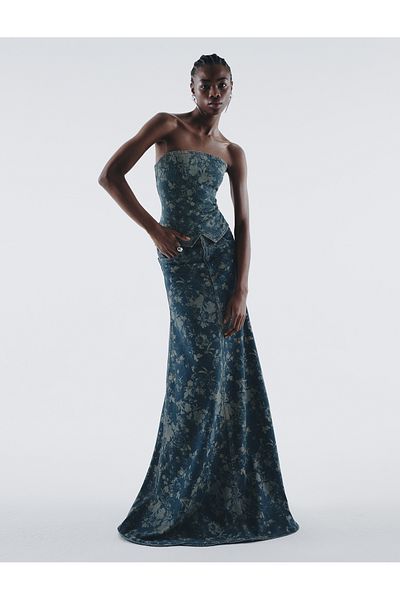 Koton New Season Floral Strapless Denim Top Asymmetrical Cut Zippered