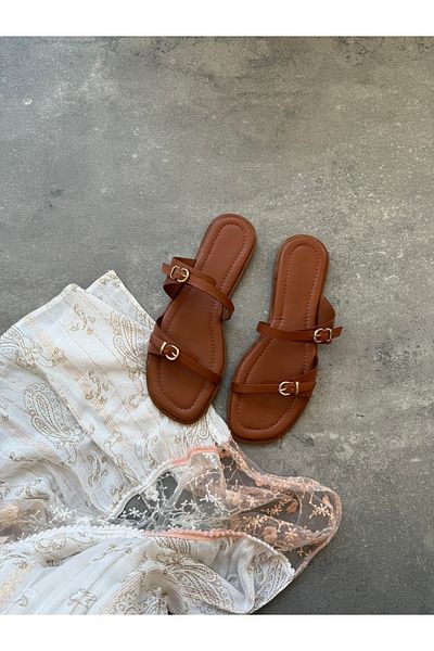 Lorenn Liora Tan Matte Skin Double Tape Belt Detailed Flat Sole Women's Slippers