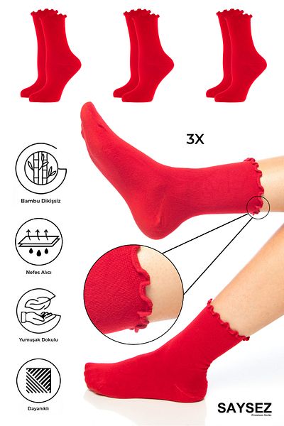 SAYSEZ Bamboo Women's Elasticless Red Ruffled Socket Seamless Socks 3 Pack / No Trace / No Tightening Socks