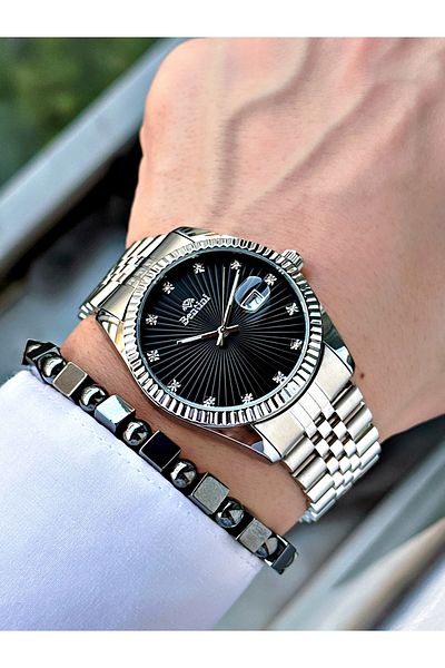 Bentini Men's Watch with Calendar and Stone – Steel Band, Waterproof, 2-Year Warranty, Gift Bracelet