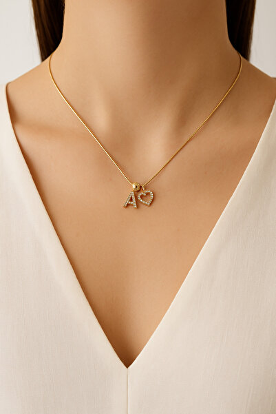 Narflake Zirkon Taş işlemeli Harfli ve Kalp Detaylı Çelik Kolye - Kadın Harf ...