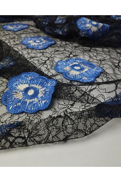 Kumaş Parça Blue Black Tulle with Floral Embroidery (Width 140 cm X Length 290 cm)