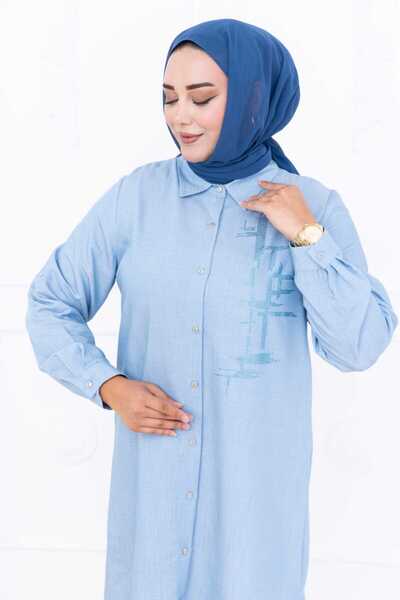 Weak Blue Жіноча велика салаш з вишивкою та деталями на ґудзиках, синя туніка