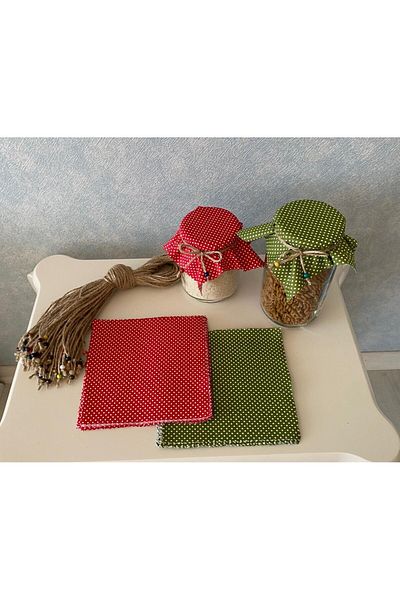 AdaEsintisi 50 Pieces of Red and Green Polka Dot Red Jar Lid Fabric (Cover) and Beaded Binding Rope