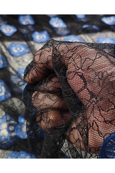 Kumaş Parça Blue Black Tulle with Floral Embroidery (Width 140 cm X Length 310 cm)