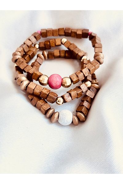 COCOSH TAKI Brown Wooden Bpncuklu Gold Detailed Multi-Combination Bracelet